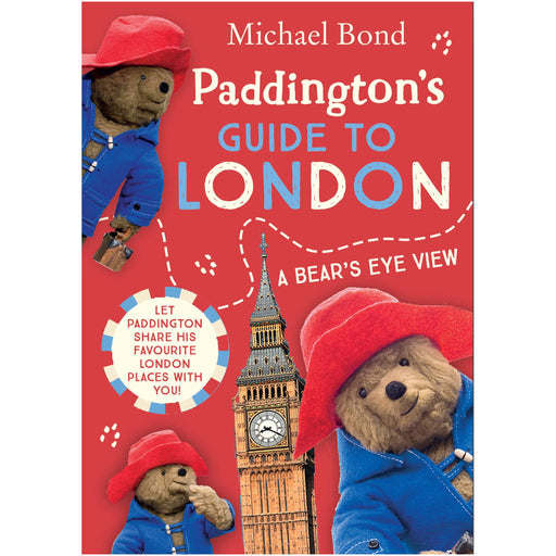 Cover of the children's book 'Paddington's Guide to London' featuring a cartoon bear wearing a blue coat and red hat, with illustrations of famous London landmarks in the background.