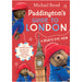 Cover of the children's book 'Paddington's Guide to London' featuring a cartoon bear wearing a blue coat and red hat, with illustrations of famous London landmarks in the background.
