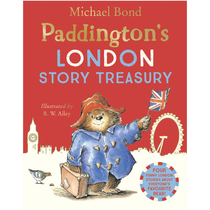 Cover of the book 'Paddington's London Story Treasury' featuring an illustration of Paddington Bear in a blue coat and red hat, holding a British flag and standing in front of a red telephone box with a blue sky in the background.