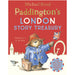 Cover of the book 'Paddington's London Story Treasury' featuring an illustration of Paddington Bear in a blue coat and red hat, holding a British flag and standing in front of a red telephone box with a blue sky in the background.