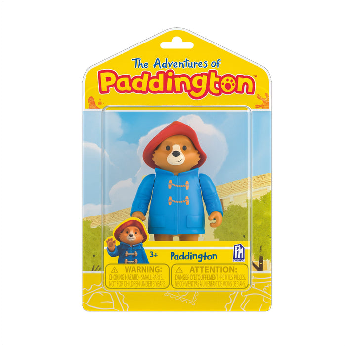 Packaged toy figure of Paddington Bear with yellow background