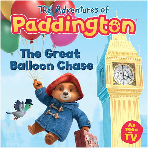 Cover of the children's book 'Paddington TV: The Great Balloon Chase' featuring an illustration of Paddington bear with a red hat, blue jacket, and beige trousers, floating with a bird and holding onto a balloon, in front of iconic London landmarks.