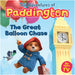 Cover of the children's book 'Paddington TV: The Great Balloon Chase' featuring an illustration of Paddington bear with a red hat, blue jacket, and beige trousers, floating with a bird and holding onto a balloon, in front of iconic London landmarks.